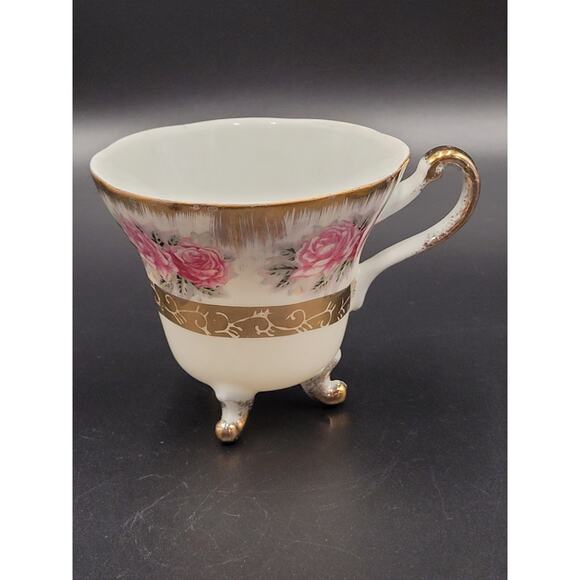 Tea Cup Porcelain Japan Roses Gold Gilt Three Footed Pink Green Floral 50s - Picture 4 of 10
